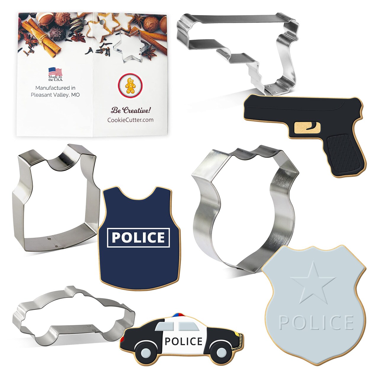 Police Cookie Cutter 4 Pc Set, CookieCutter.com, Tin Plated Steel, Handmade in the USA